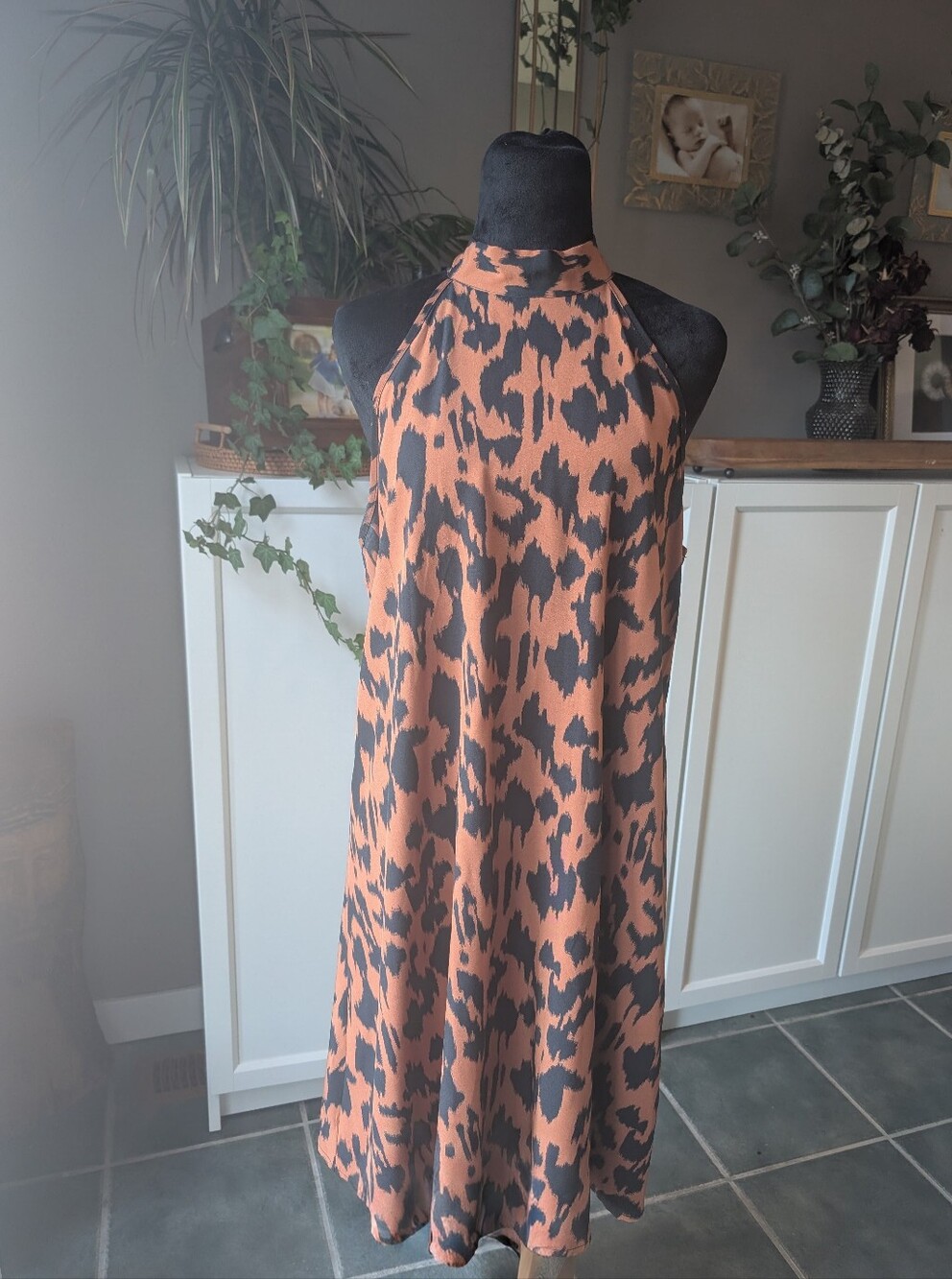Sleeveless Halter Animal-Print Dress in Rust/Brown and Black